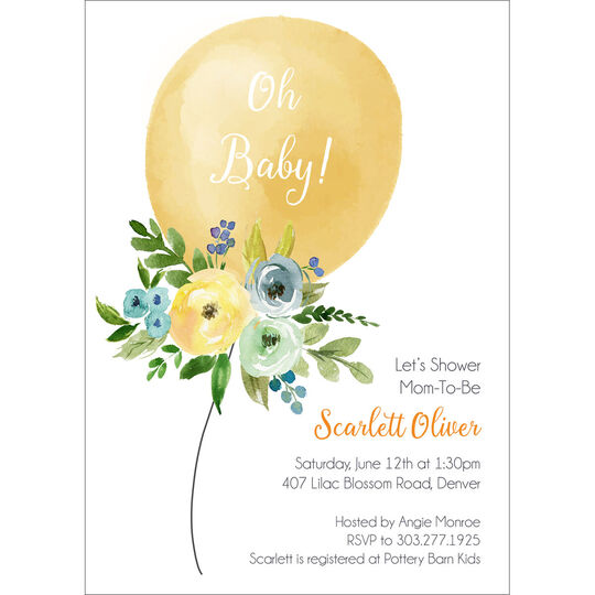 Yellow Floral Balloon Baby Shower Invitations